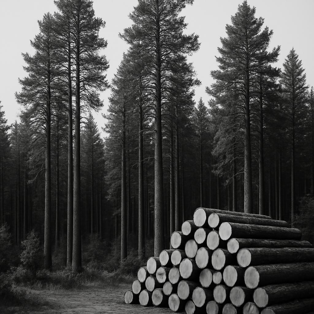 A black-and-white photograph of a stacked pile of logs in the foreground, with a dense forest of tall trees in the backgro...